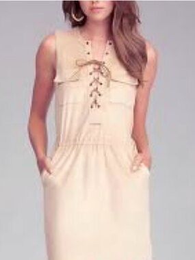 bebe Lace-Up Sleeveless Midi Dress in Light Beige